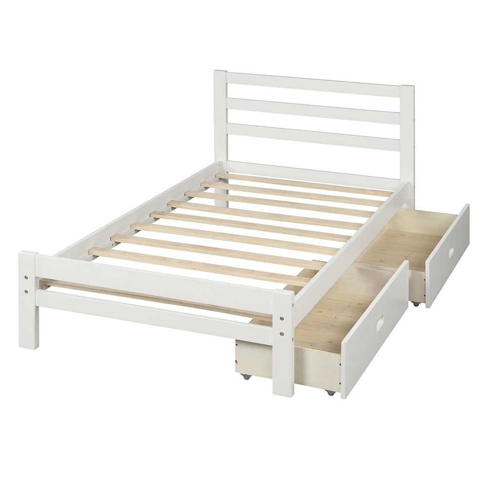 Hommoo Modern Wood Platform Bed for Home Hotel, Twin Size Bed Frame with Two Drawers, White Image 4