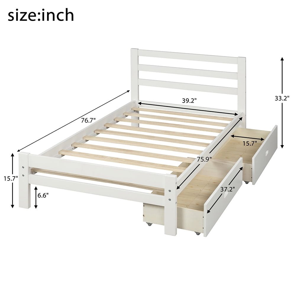 Hommoo Modern Wood Platform Bed for Home Hotel, Twin Size Bed Frame with Two Drawers, White Image 6