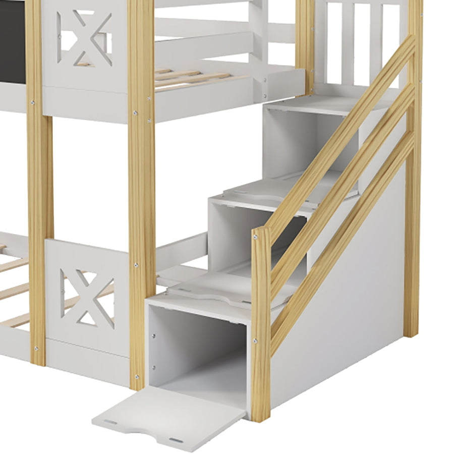 Hommoo Twin Over Full Bunk Bed with Storage Staircase and Blackboard - Space-Saving White House Design, Durable and Image 1