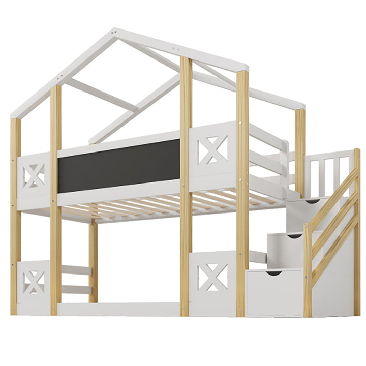 Hommoo Twin Over Full Bunk Bed with Storage Staircase and Blackboard - Space-Saving White House Design, Durable and Image 2