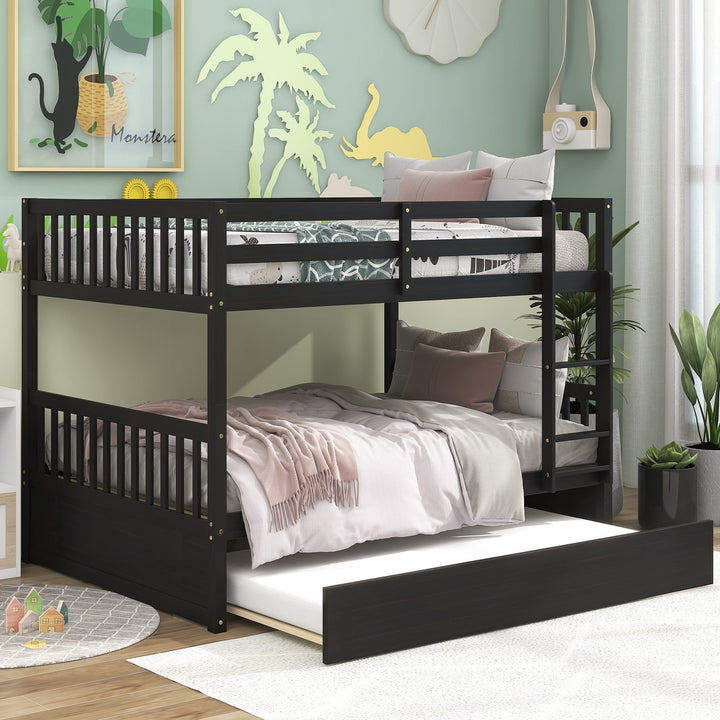 Hommoo Full Over Full Wooden Bunk Bed with Trundle, Adults Kids Convertible Bunk Bed with Ladder and Safety Rails, Image 1