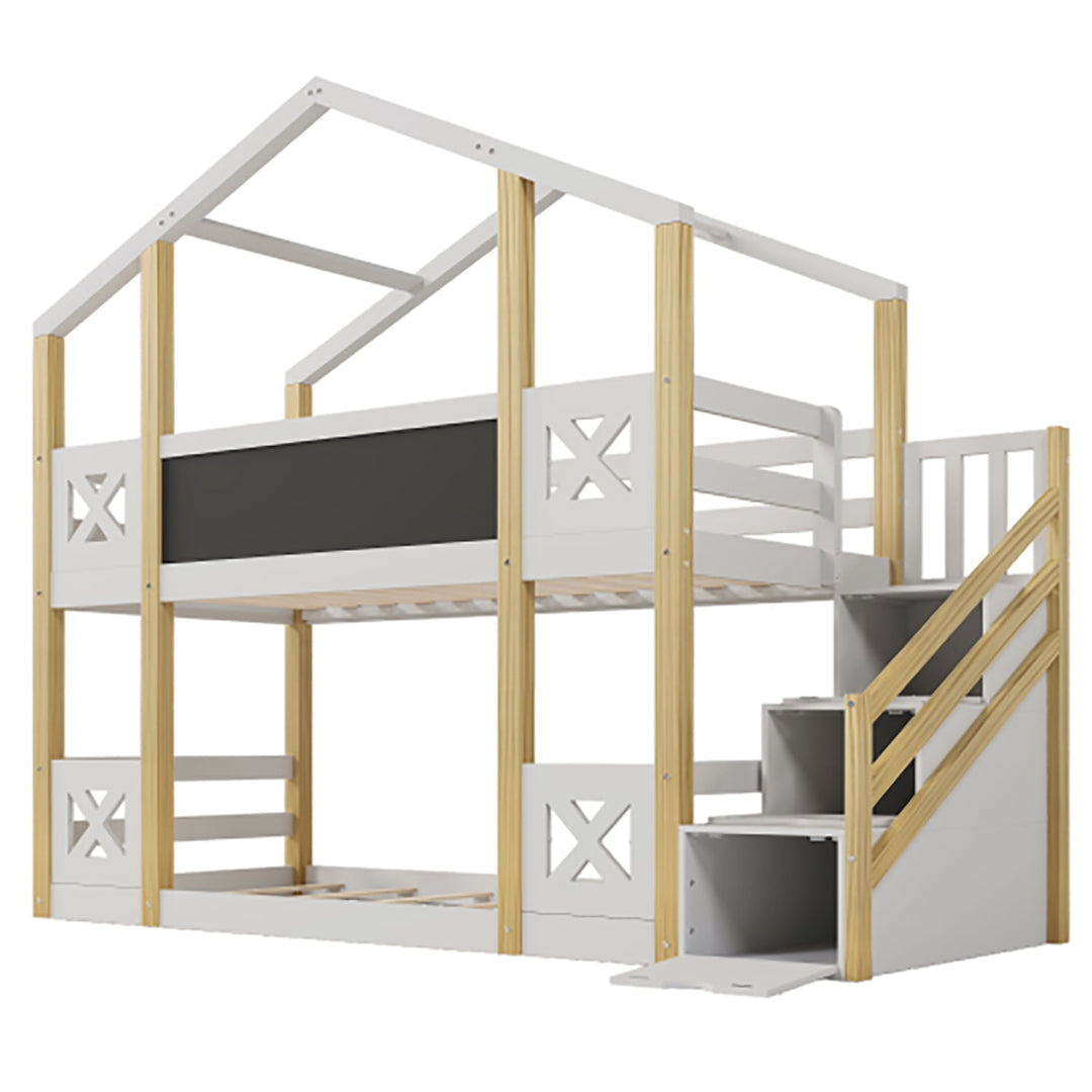 Hommoo Twin Over Full Bunk Bed with Storage Staircase and Blackboard - Space-Saving White House Design, Durable and Image 4