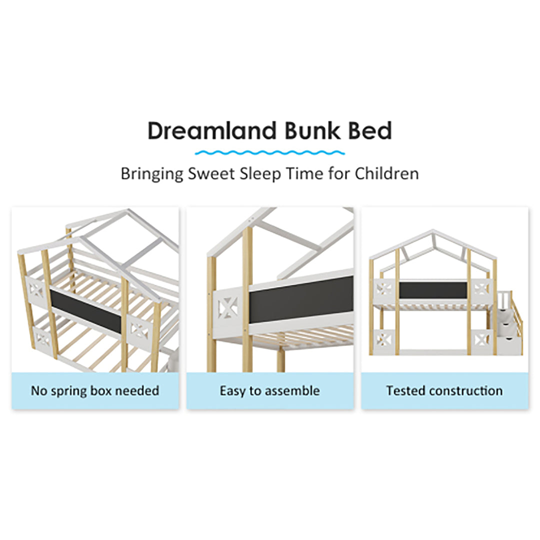 Hommoo Twin Over Full Bunk Bed with Storage Staircase and Blackboard - Space-Saving White House Design, Durable and Image 5