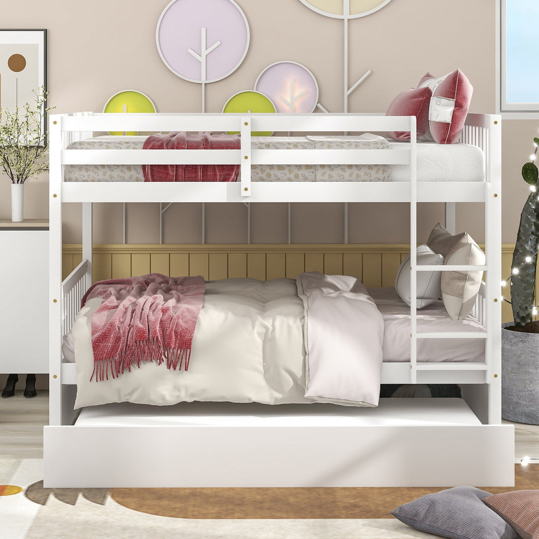 Hommoo Full Over Full Wooden Bunk Bed with Trundle, Adults Kids Convertible Bunk Bed with Ladder and Safety Rails, White Image 1