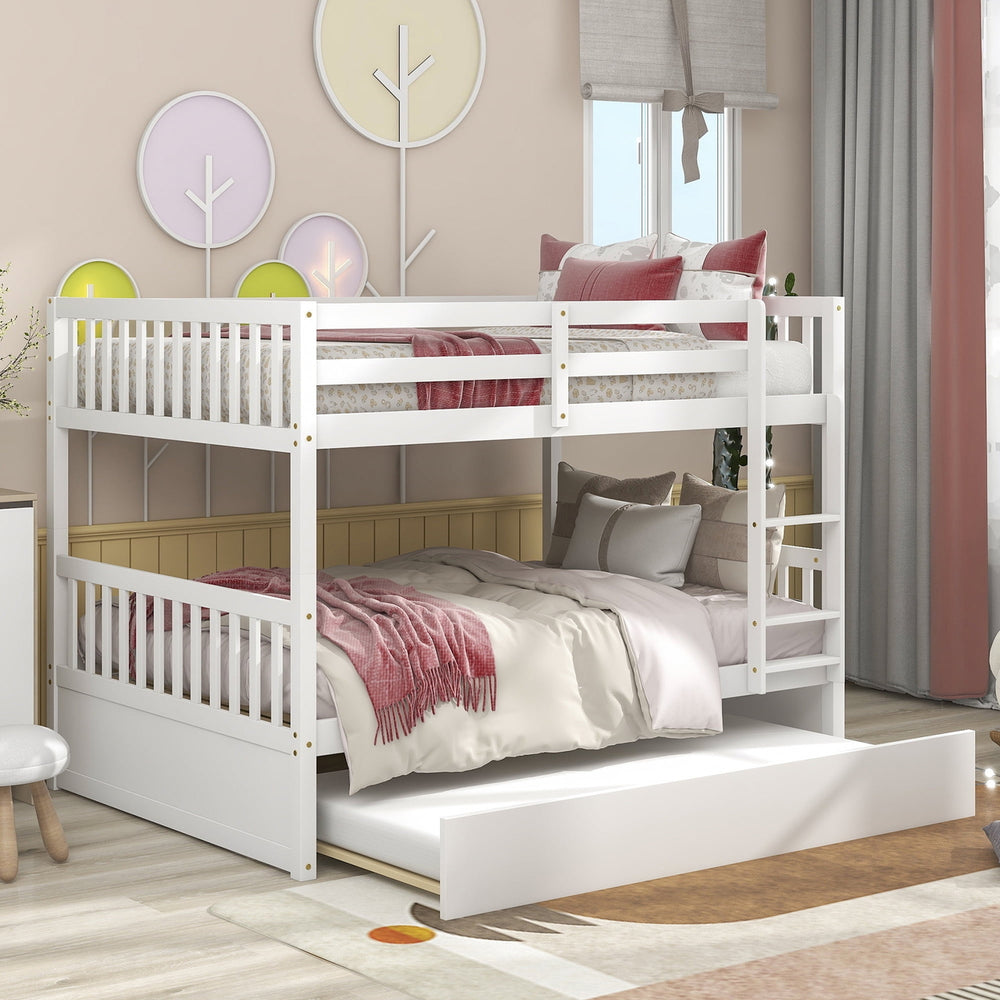 Hommoo Full Over Full Wooden Bunk Bed with Trundle, Adults Kids Convertible Bunk Bed with Ladder and Safety Rails, White Image 2