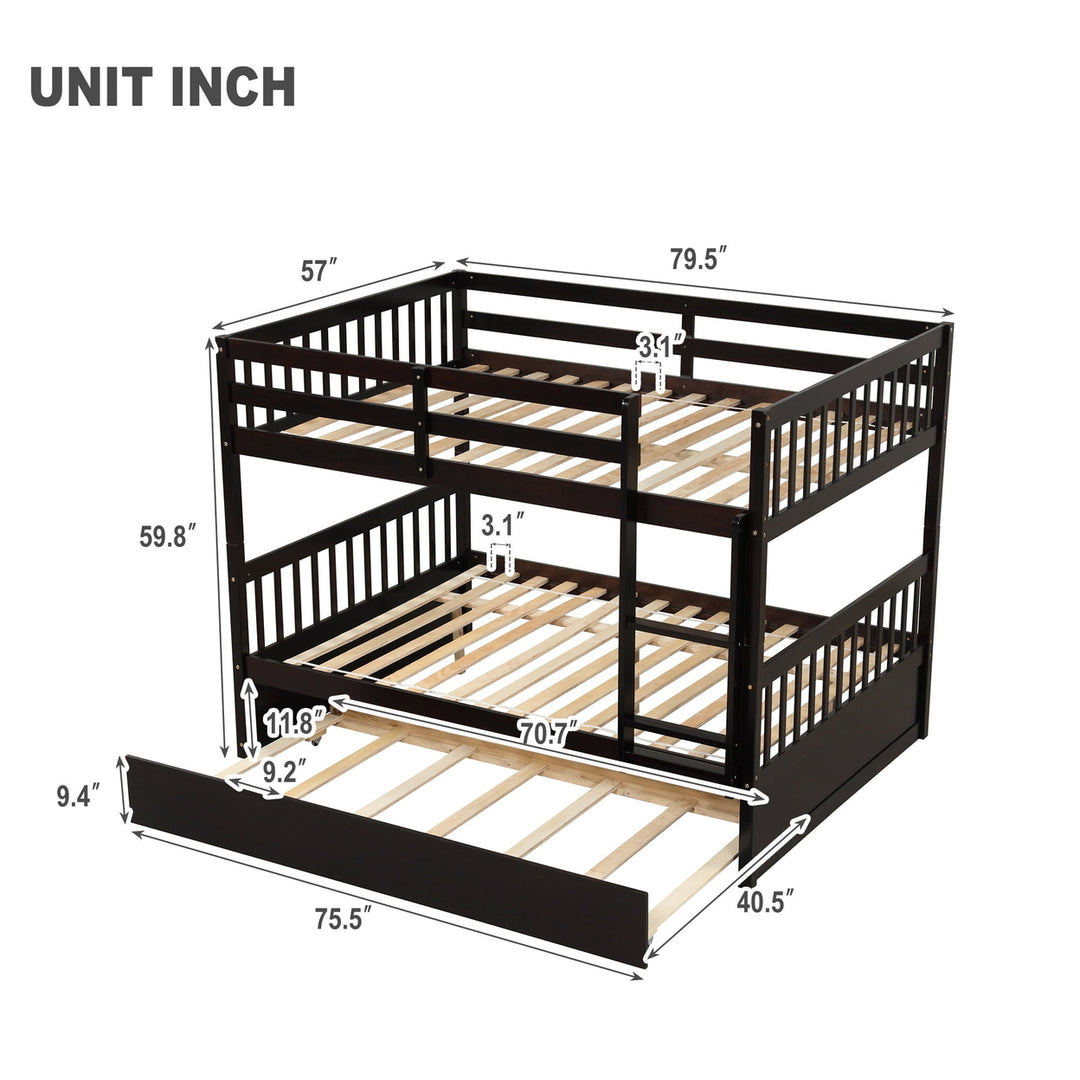 Hommoo Full Over Full Wooden Bunk Bed with Trundle, Adults Kids Convertible Bunk Bed with Ladder and Safety Rails, Image 7