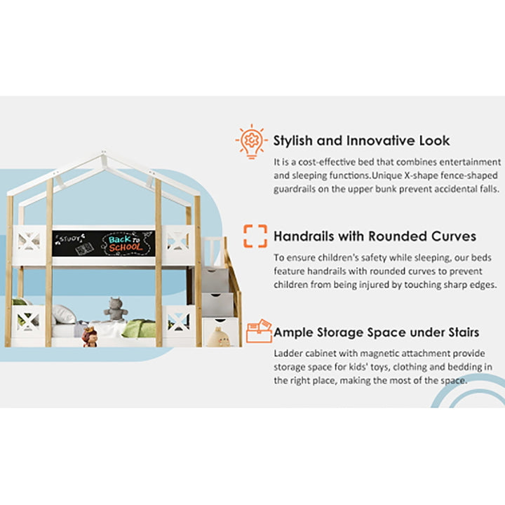 Hommoo Twin Over Full Bunk Bed with Storage Staircase and Blackboard - Space-Saving White House Design, Durable and Image 7