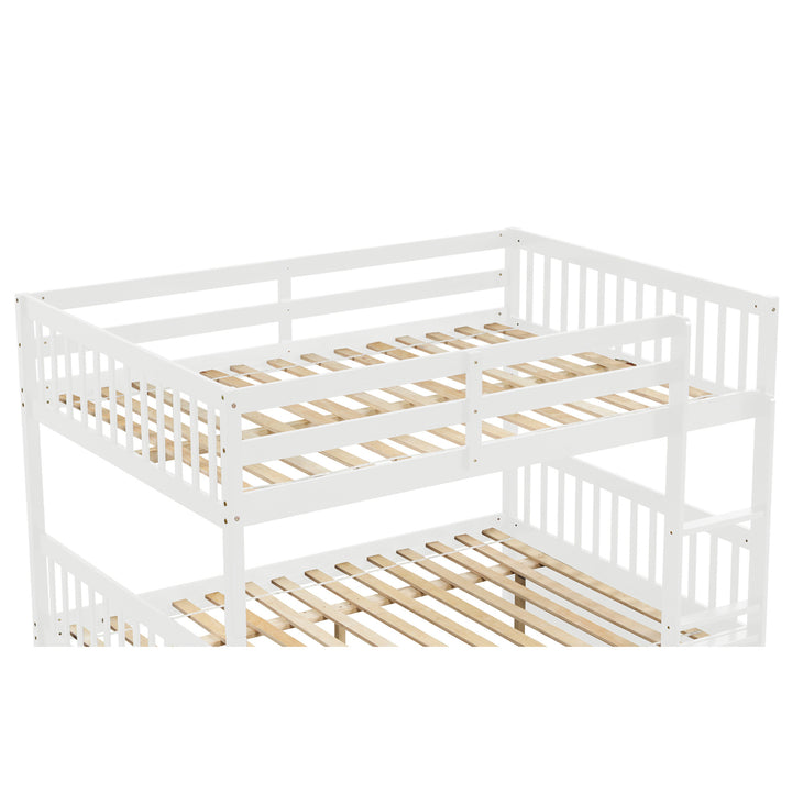 Hommoo Full Over Full Wooden Bunk Bed with Trundle, Adults Kids Convertible Bunk Bed with Ladder and Safety Rails, White Image 4