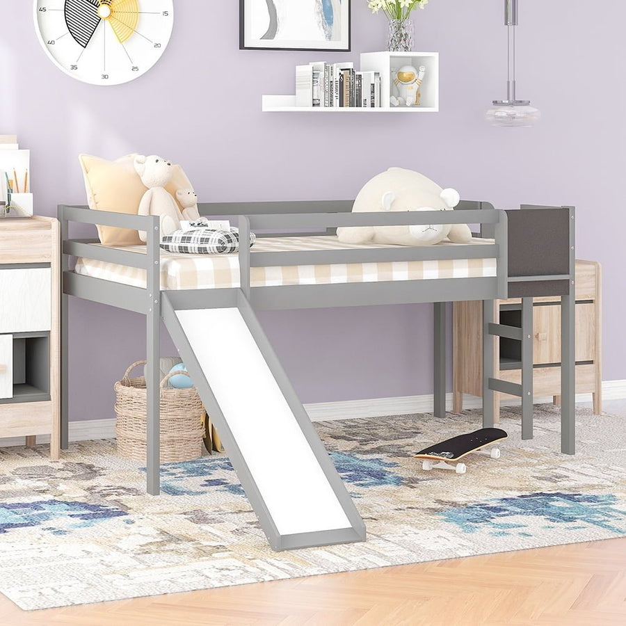 Hommoo Kids Wood Loft Bed with Slide, Ladder and Chalkboard, Twin Size - Gray Image 1