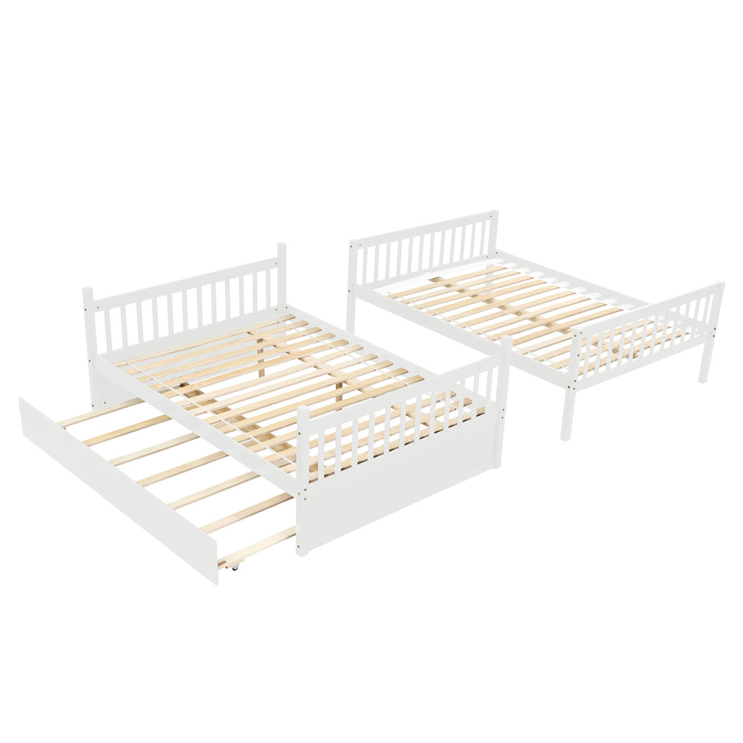 Hommoo Full Over Full Wooden Bunk Bed with Trundle, Adults Kids Convertible Bunk Bed with Ladder and Safety Rails, White Image 5