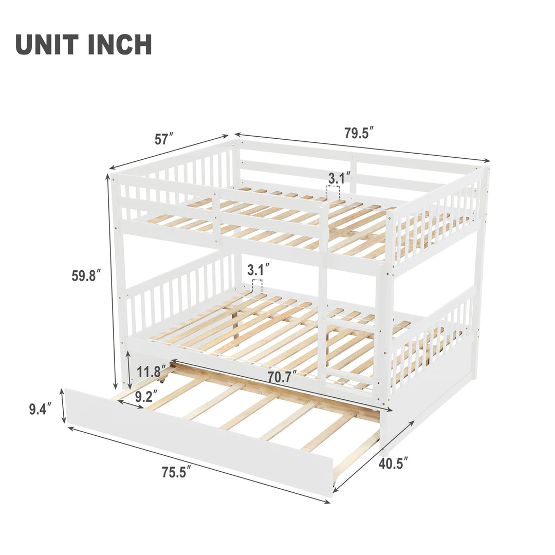 Hommoo Full Over Full Wooden Bunk Bed with Trundle, Adults Kids Convertible Bunk Bed with Ladder and Safety Rails, White Image 6