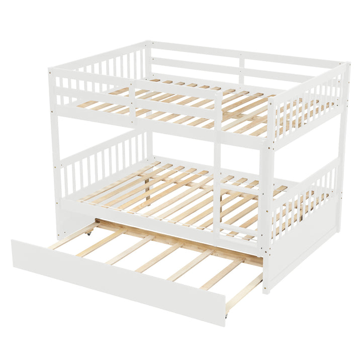 Hommoo Full Over Full Wooden Bunk Bed with Trundle, Adults Kids Convertible Bunk Bed with Ladder and Safety Rails, White Image 7