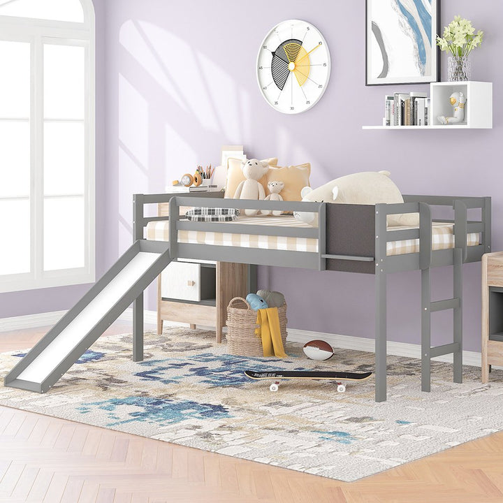 Hommoo Kids Wood Loft Bed with Slide, Ladder and Chalkboard, Twin Size - Gray Image 6