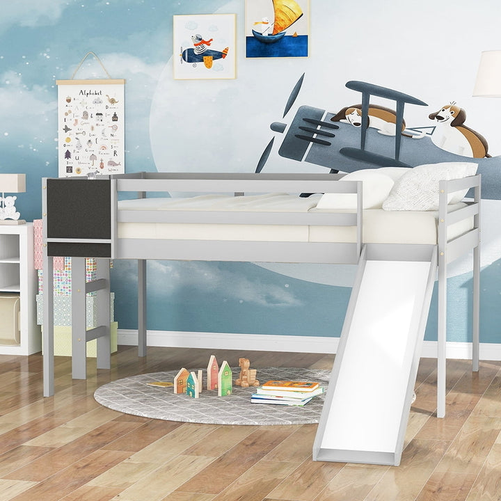 Hommoo Kids Wood Loft Bed with Slide, Ladder and Chalkboard, Full Size - Gray Image 1