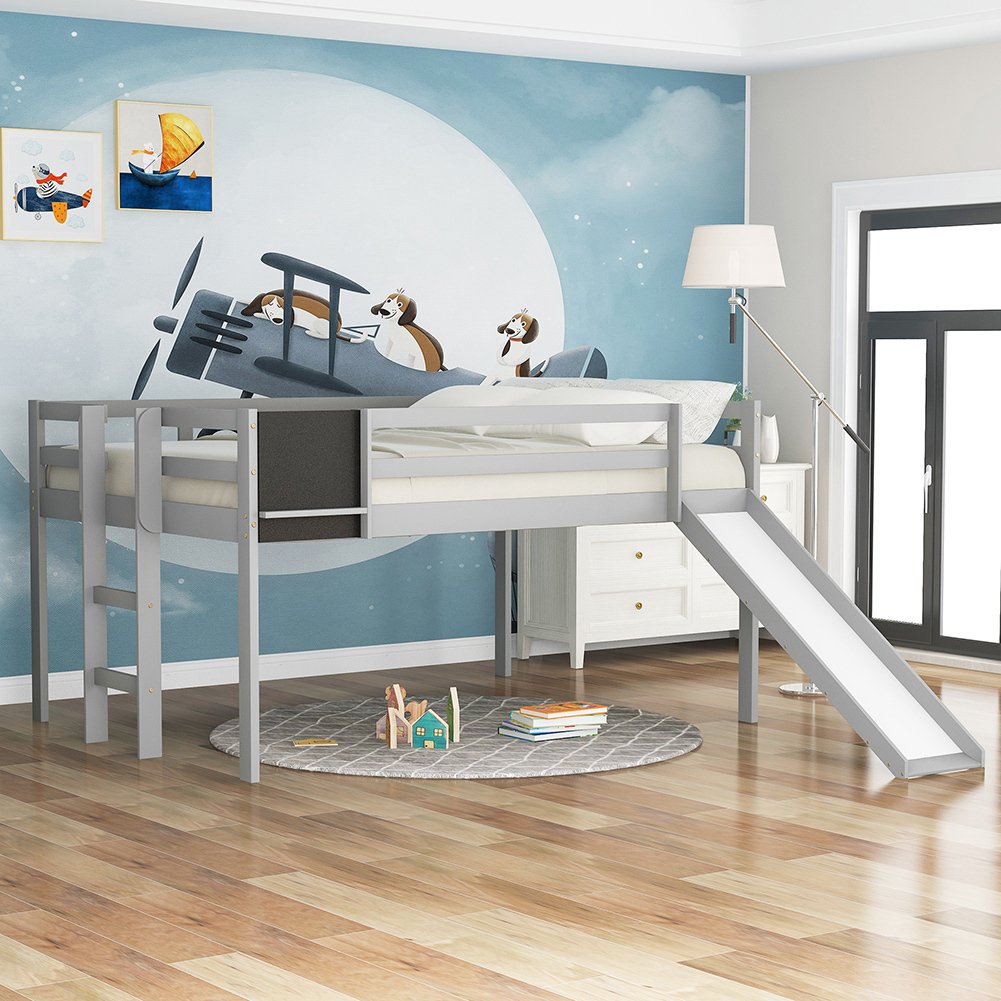 Hommoo Kids Wood Loft Bed with Slide, Ladder and Chalkboard, Full Size - Gray Image 2