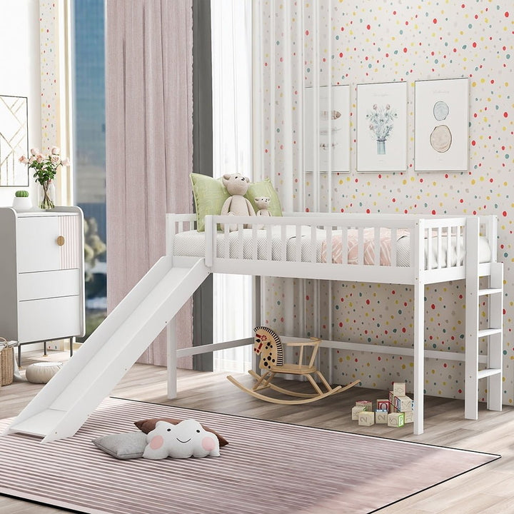 Hommoo Twin Size Solid Wood Low Loft Bed with Ladder and Slide - White Image 1