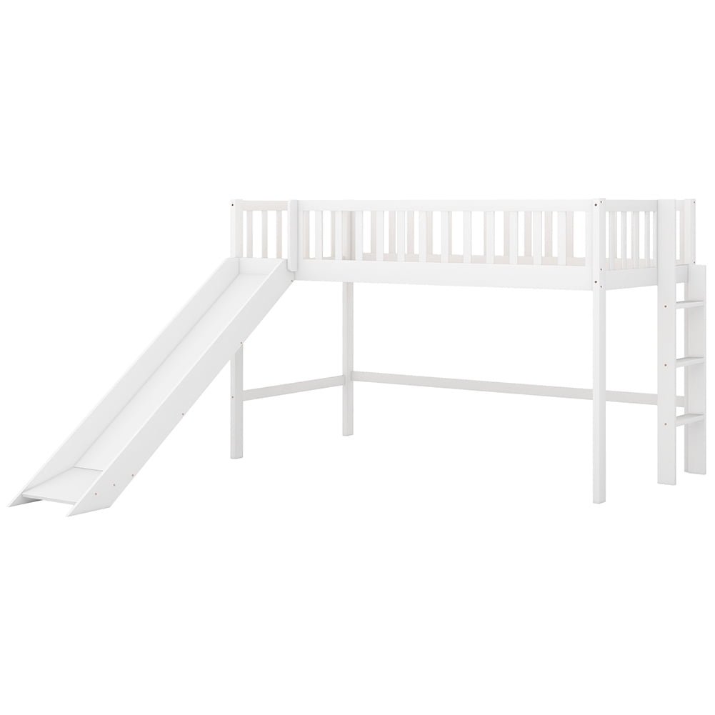 Hommoo Twin Size Solid Wood Low Loft Bed with Ladder and Slide - White Image 2