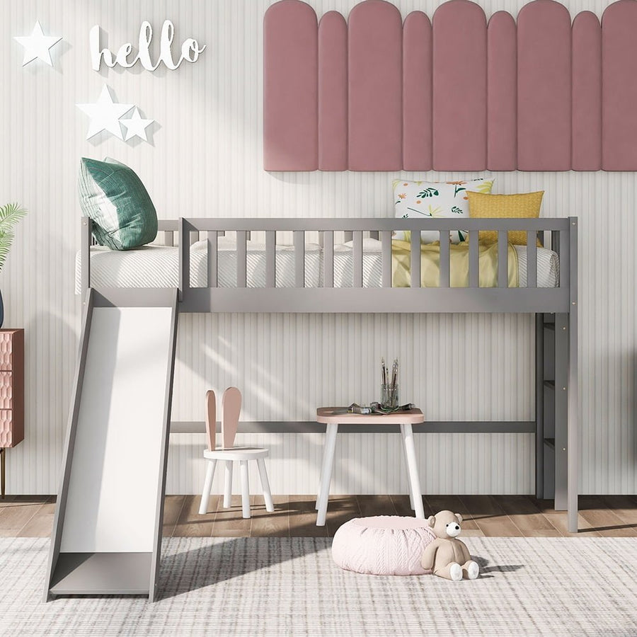 Hommoo Twin Size Solid Wood Low Loft Bed with Ladder and Slide - Gray Image 1