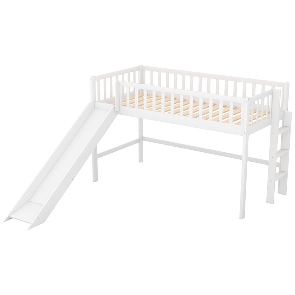 Hommoo Twin Size Solid Wood Low Loft Bed with Ladder and Slide - White Image 3