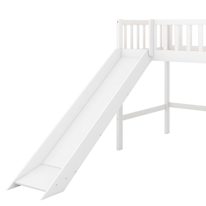 Hommoo Twin Size Solid Wood Low Loft Bed with Ladder and Slide - White Image 4