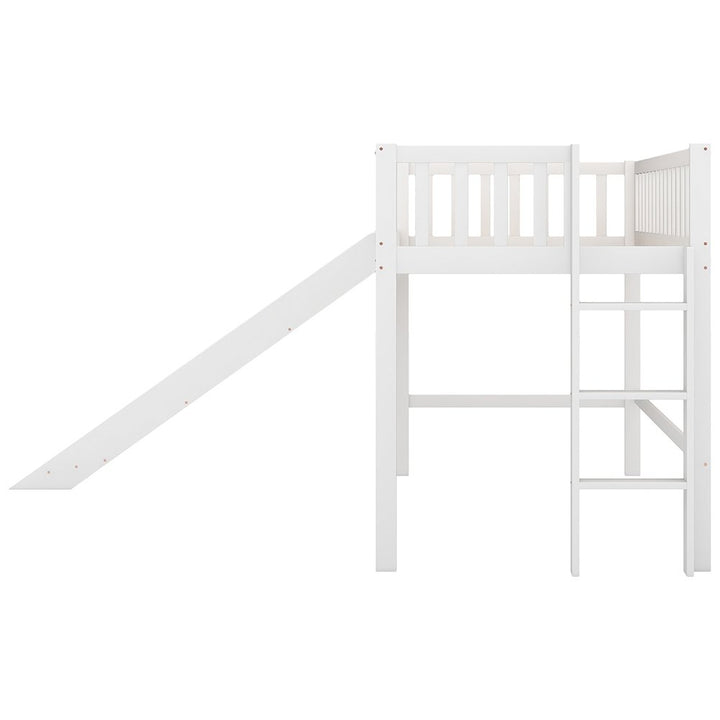 Hommoo Twin Size Solid Wood Low Loft Bed with Ladder and Slide - White Image 5