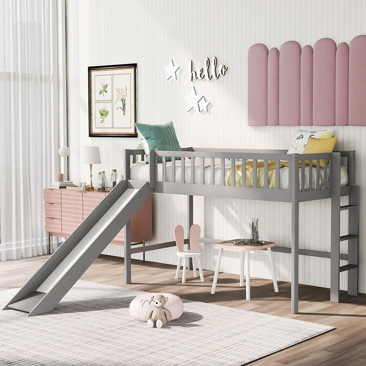 Hommoo Twin Size Solid Wood Low Loft Bed with Ladder and Slide - Gray Image 3