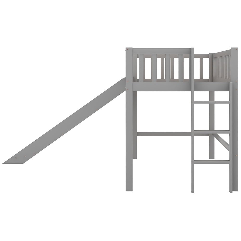 Hommoo Twin Size Solid Wood Low Loft Bed with Ladder and Slide - Gray Image 4