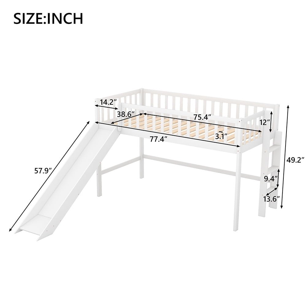 Hommoo Twin Size Solid Wood Low Loft Bed with Ladder and Slide - White Image 6