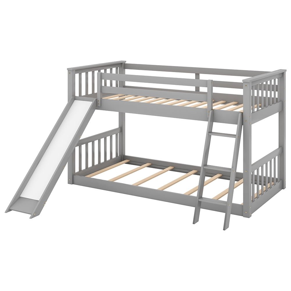 Hommoo Twin over Twin Solid Wood Bunk Bed with Convertible Slide and Ladder - Gray Image 2