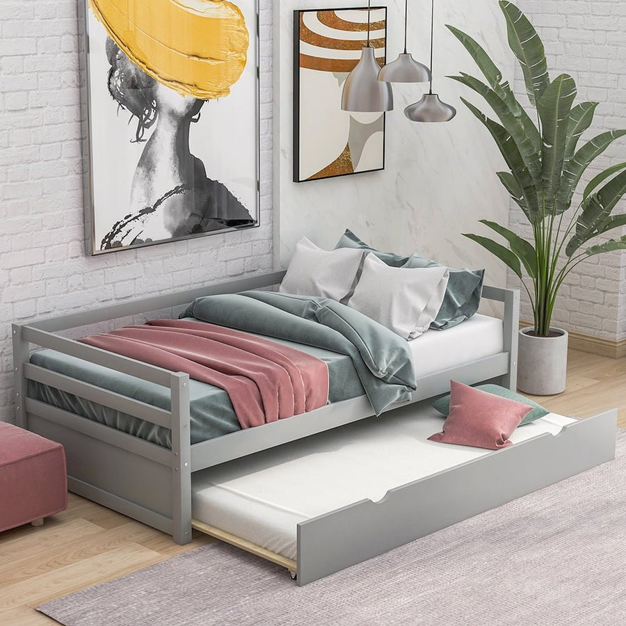 Hommoo Solid Wood Twin Size Platform Daybed with Trundle Bed Frame Set for Kids/No Box Spring Needed,Gray Image 1