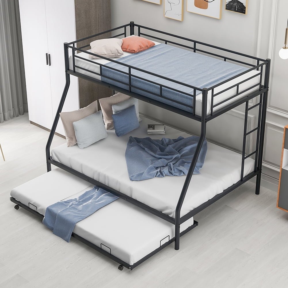 Hommoo Twin Over Full Metal Bunk Bed with Trundle and 2 Ladder for 3 People - Black Image 1