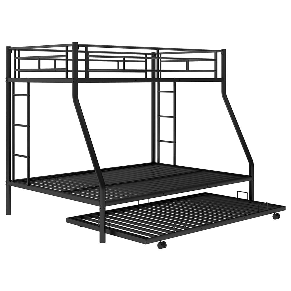 Hommoo Twin Over Full Metal Bunk Bed with Trundle and 2 Ladder for 3 People - Black Image 2