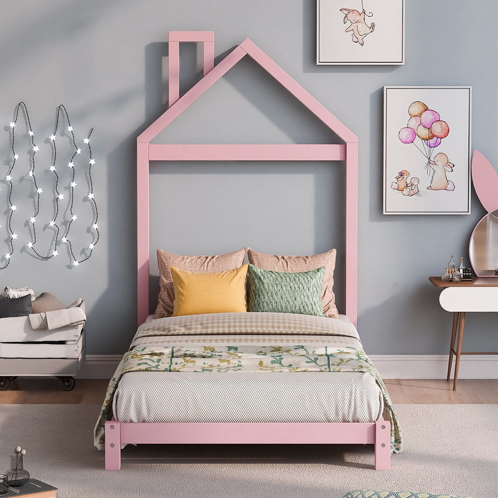 Hommoo Twin size Wood Platform Bed with House-shaped Headboard - Pink Image 1