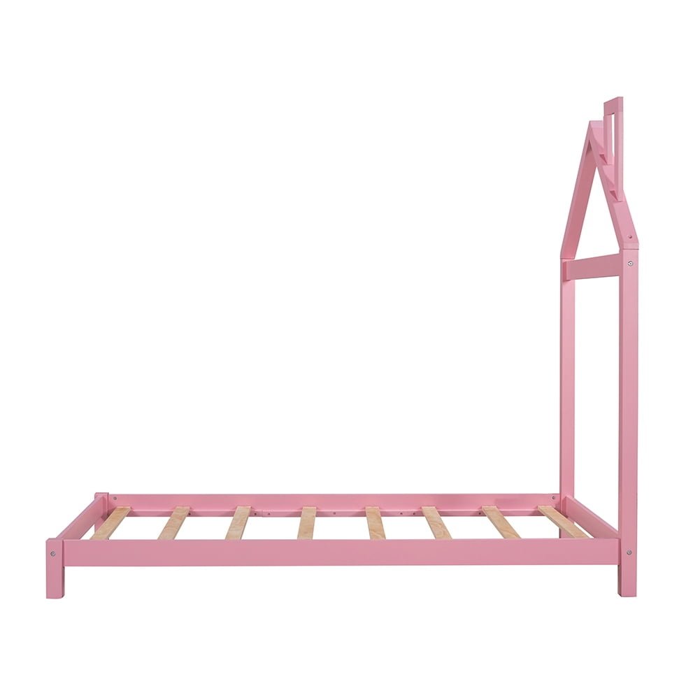 Hommoo Twin size Wood Platform Bed with House-shaped Headboard - Pink Image 2