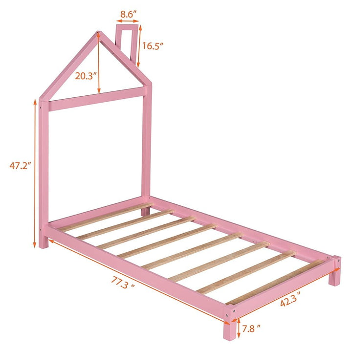 Hommoo Twin size Wood Platform Bed with House-shaped Headboard - Pink Image 3