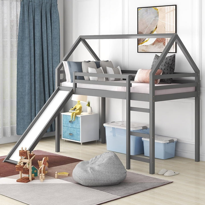 Hommoo Kids Wood Loft Bed, House-Shaped Bed with Slide and Ladder, Twin Size - Gray Image 1