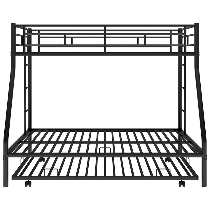 Hommoo Twin Over Full Metal Bunk Bed with Trundle and 2 Ladder for 3 People - Black Image 5