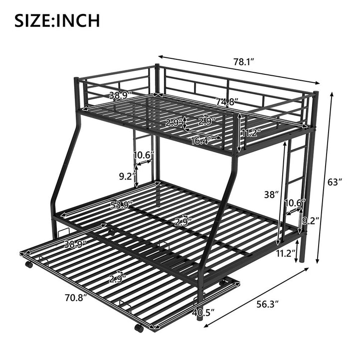 Hommoo Twin Over Full Metal Bunk Bed with Trundle and 2 Ladder for 3 People - Black Image 6