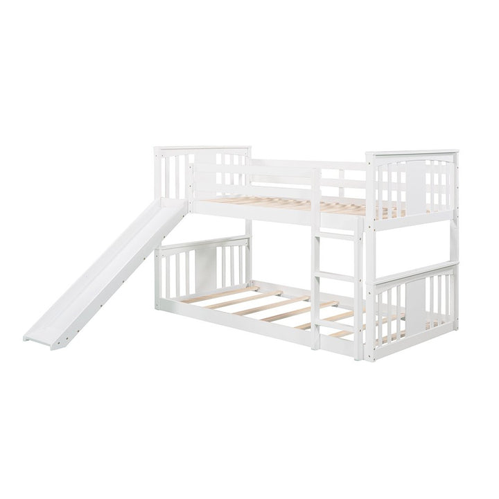 Hommoo Twin Over Twin Bunk Bed with Slide and Ladder for Kids, Teens - White Image 2