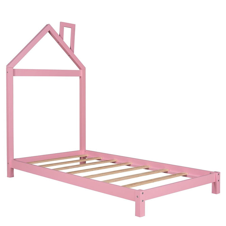 Hommoo Twin size Wood Platform Bed with House-shaped Headboard - Pink Image 4