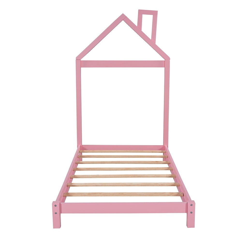 Hommoo Twin size Wood Platform Bed with House-shaped Headboard - Pink Image 5