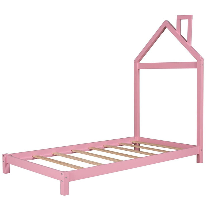 Hommoo Twin size Wood Platform Bed with House-shaped Headboard - Pink Image 6