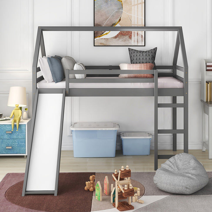 Hommoo Kids Wood Loft Bed, House-Shaped Bed with Slide and Ladder, Twin Size - Gray Image 3