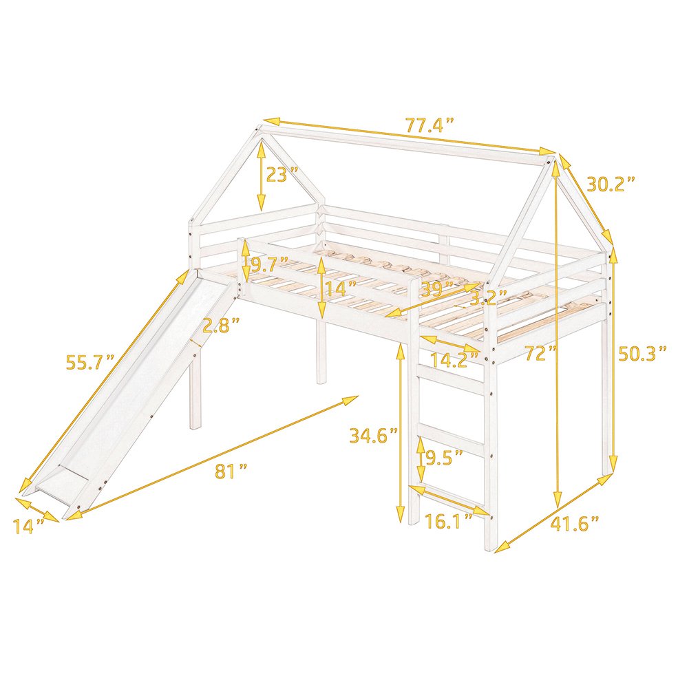 Hommoo Kids Wood Loft Bed, House-Shaped Bed with Slide and Ladder, Twin Size - Gray Image 6