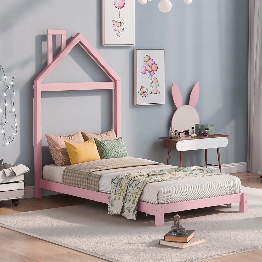 Hommoo Twin size Wood Platform Bed with House-shaped Headboard - Pink Image 7