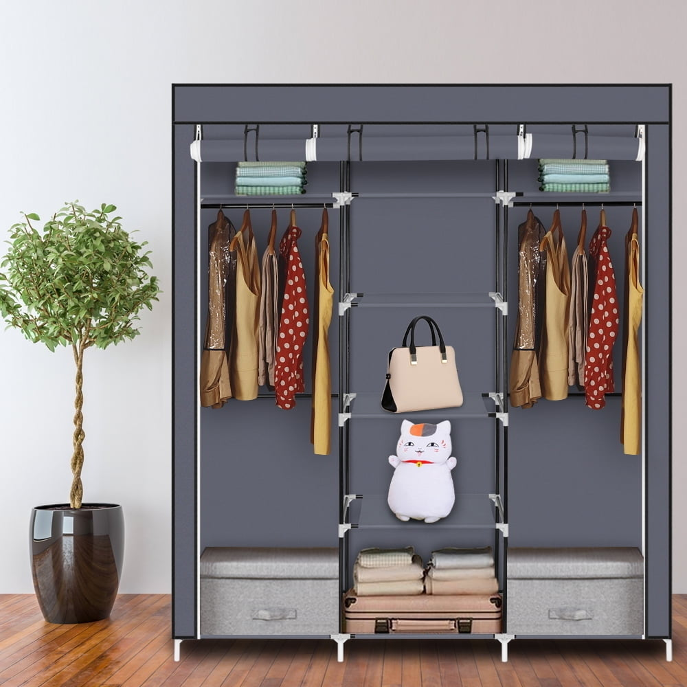 Hommoo 69" Portable Clothes Closet, Fabric Wardrobe Double Rod Storage Organizer Shelf - Gray Image 1