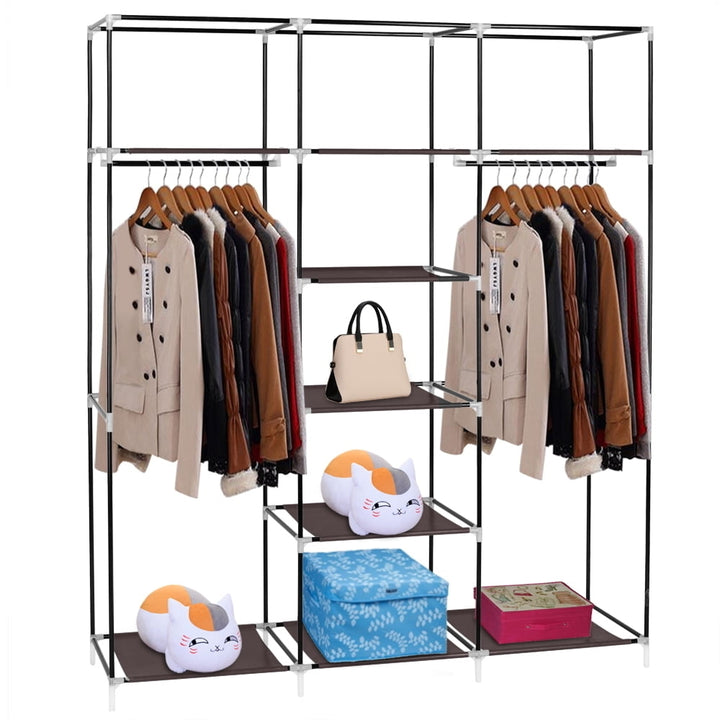 Hommoo 69" Portable Clothes Closet, Fabric Wardrobe Double Rod Storage Organizer Shelf - Dark Brown Image 3