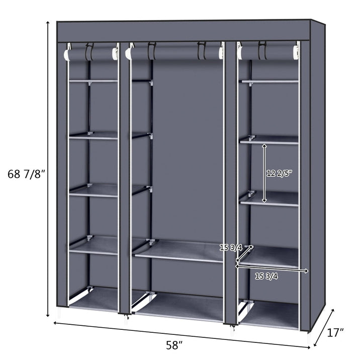 Hommoo 69" Portable Clothes Closet, Fabric Shoe Storage Rack Shelf, Room-saving Assembled Cloth Wardrobe - Gray Image 3