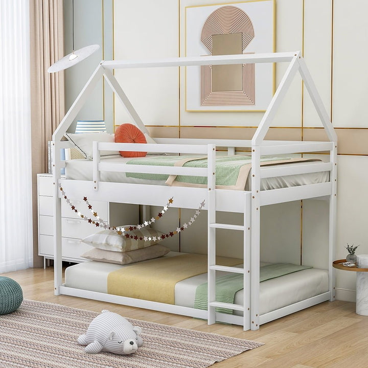 Hommoo Twin over Twin Low House Bed, Solid Wood Bunk Bed with Ladder - White Image 1