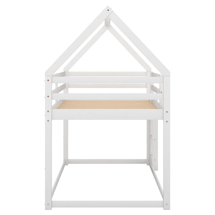 Hommoo Twin over Twin Low House Bed, Solid Wood Bunk Bed with Ladder - White Image 2